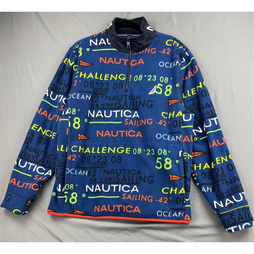 Nautica Fleece Pullover Mens Large Sailing Challenge 1/4 Zip Blue All Over Print